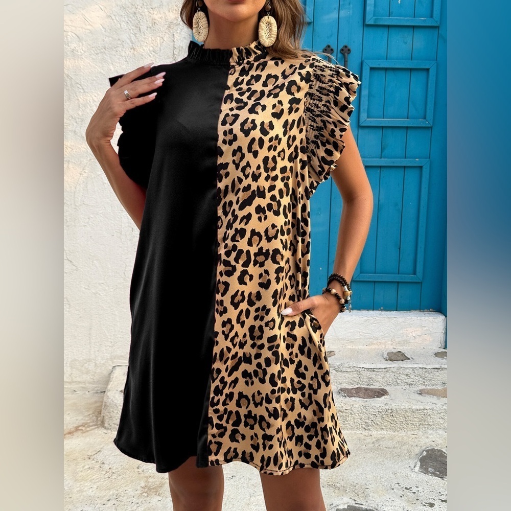 Leopard Color Block Ruffle Sleeve Dress - Picture 9 of 10